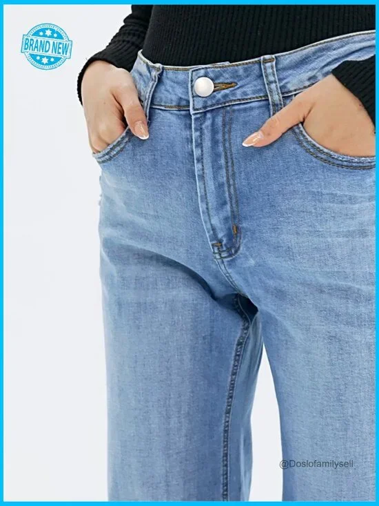 Wide Leg Jeans High Waisted Stretchy Cuffed Baggy Denim Pants Y2K - Picture 6 of 6